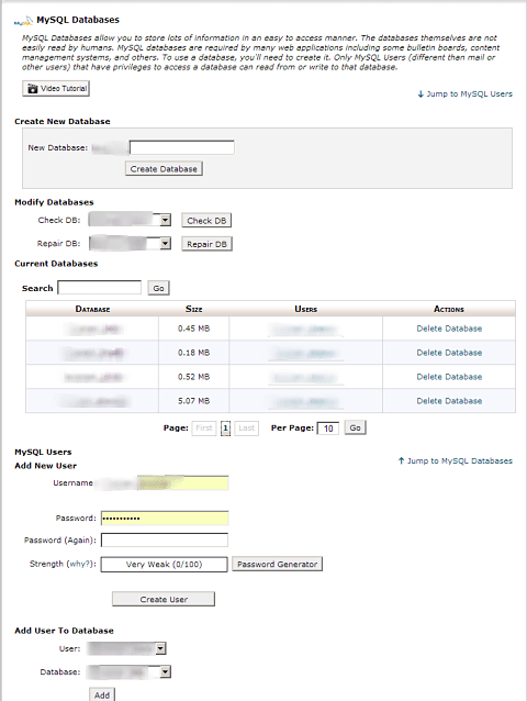cPanel Create Database